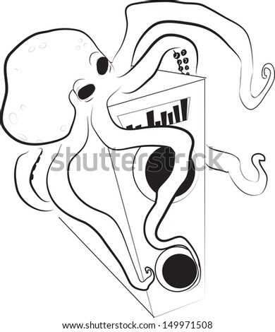 Octopus hugs music column on a white background
