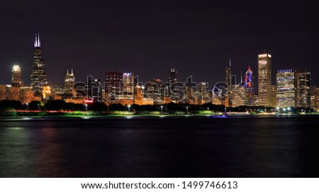 
Chicago skyline at night with Lake Michigan on the foreground, IL, USA
