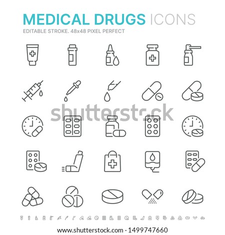 Collection of medical drugs related line icons. 48x48 Pixel Perfect. Editable stroke Royalty-Free Stock Photo #1499747660