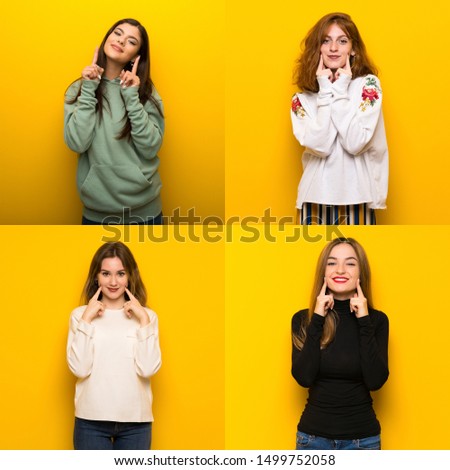 Set of women over Yellow background smiling with a happy and pleasant expression
