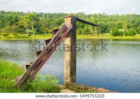 Wooden diving board by a lake in the countryside of Itamaraca Island - Pernambuco, Brazil Royalty-Free Stock Photo #1499755223