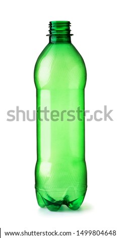 Front view of empty PET plastic green bottle isolated on white Royalty-Free Stock Photo #1499804648