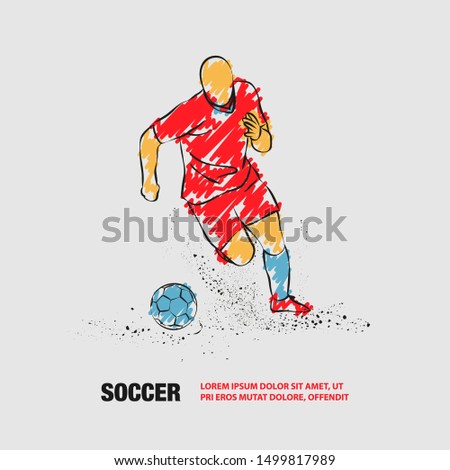 Soccer player running with the ball. Vector outline of Soccer player with scribble doodles.
