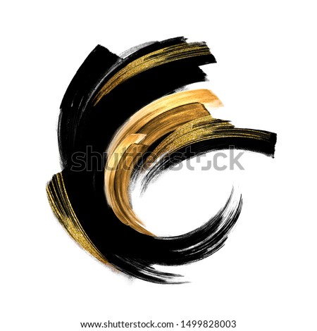 black ink calligraphic shape with golden smear, hand painted watercolor clip art isolated on white background, fashion illustration, abstract gouache splashing, splash design element