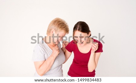 Close up attractive women faces smile look at camera, aged mother young daughter, different generations good warm relations concept horizontal banner for website header design with copy space for text