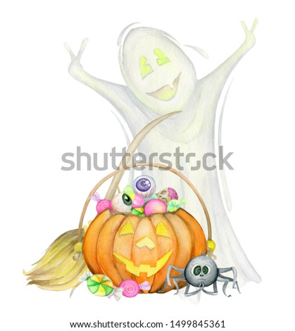 Halloween illustrations. of hand-drawn elements painted in watercolor. Cute illustrations for Halloween. Watercolor halloween collection. Artistic autumn constructor clip art.