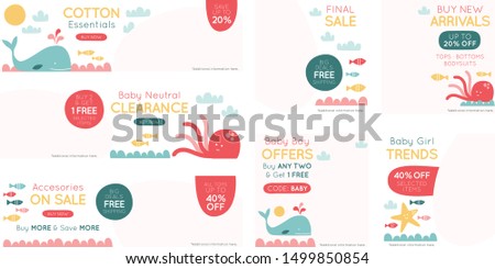Cute whale and octopus design set for kids/babies fashion sale promotion on social media, website and flyers. Flat graphic design template. Web template. Web banners. Flyer design. 