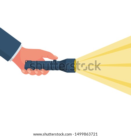 Hand holding flashlight. Search concept. Yellow bright ray of light. Vector illustration flat design. Isolated on white background. Beam light. Press a finger on the button. 