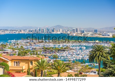 San Diego, California, USA cityscape over the bay.