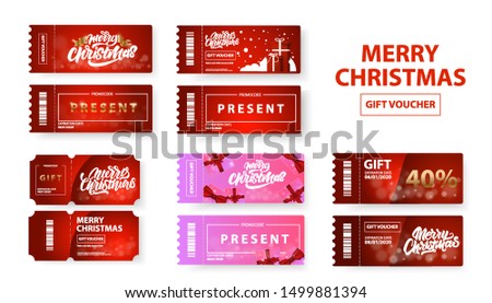 Merry Christmas gift voucher set. Gold Text isolated. New year.  Vector ticket or the coupon is on the receipt of gifts with Lettering and barcode.