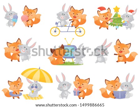 Humanized fox and hare in different situations together. Vector illustration on a white background.