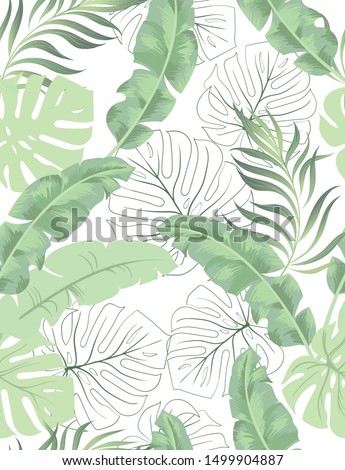 Exotic seamless vector pattern with palm and banana leaves. Vector summer background.