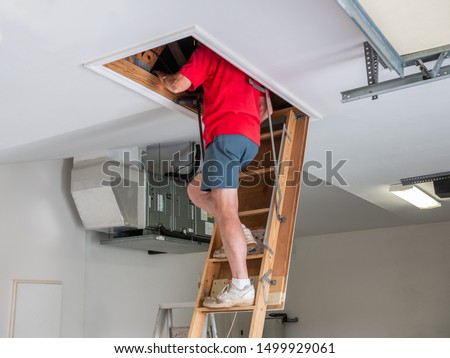 Man inspecting garage attic. Male homeowner climbing wooden pull down attic ladder. Royalty-Free Stock Photo #1499929061