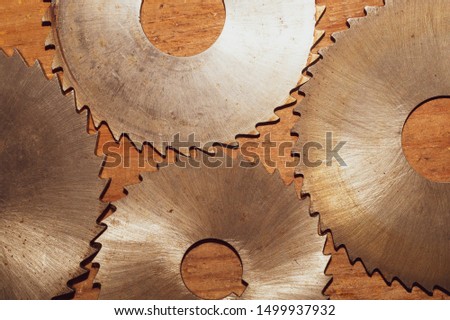 Circular saw blades. carpentry tools. industrial background. equipment for sawmill and sawing wooden products