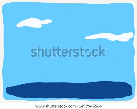 Two white clouds on a bright blue sky with the calmed dark ocean. Background for postcards, invitation, title or calendar.