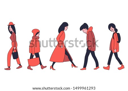 Walking people in outerwear. Men and women of different ages walking. Set of different people.