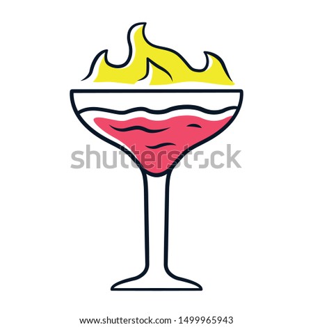 Flaming cocktail red color icon. Martini glass with beverage and burning fire. Drink with flammable high-proof alcohol. Isolated vector illustration