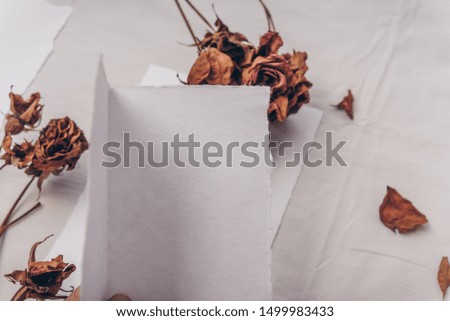 Minimalistic wedding composition with cards mock up, flowers on white background. Flat lay, top view stylish art concept.