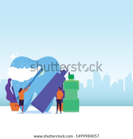 Dental care flat vector concept couple brushing big teeth with toothbrush and toothpaste. Illustration For Wallpaper, Banner, Background, Infographic, Book Illustration, And Web Landing Page.