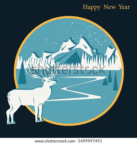 White deer - mountains, forest, snow - round blue icon on a dark background - vector. Happy New Year
