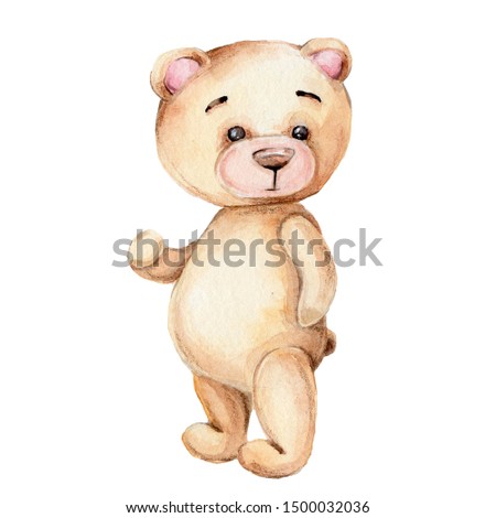 Watercolor hand draw illustration cute cartoon character teddy bear; can be used for cards or invirations, wear design, child posters; with white isolated background