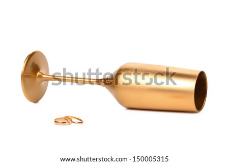 Wedding rings and golden champage glass