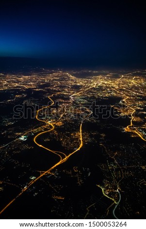 Aerial view of Moscow at night. City of Moscow picture from airplane.