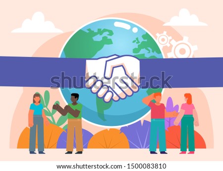 Worldwide online business deal, agreement, partnership. Group of people stand near big earth globe, big hands handshake. Flat design vector illustration