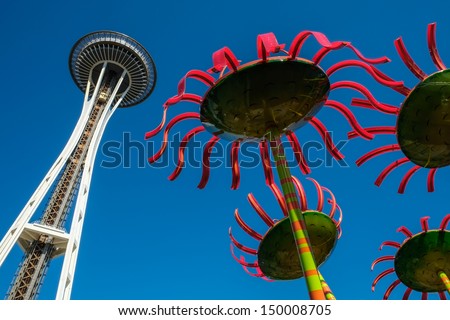 The Space Needle at Seattle Center with glass artworks at the foreground Royalty-Free Stock Photo #150008705