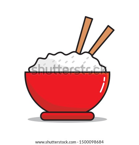 Rice in the red bowl with chopstick cartoon vector illustration isolated on white background. Rice clip art