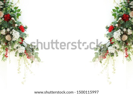 Assorted flowers and green plant decoration with white background