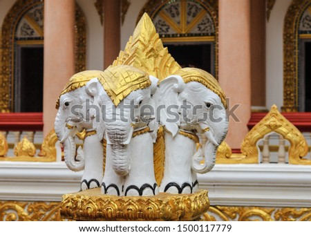 Three headed elephant representing Brahma, Vishnu at Wanaram Temple, Ubon Ratchathani Province, The concept of worshiping Buddhism.