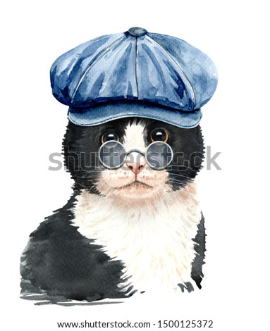 Watercolor painted cat. Watercolor hand drawn illustration. Watercolor cat with ืnewsboy hat and sunglasses layer path, clipping path isolated on white background.