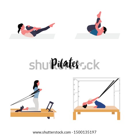 Women doing pilates with equipment -pilates reformer and cadillac Royalty-Free Stock Photo #1500135197