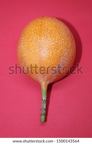 One Whole Passion Fruit Side view on a Red Background