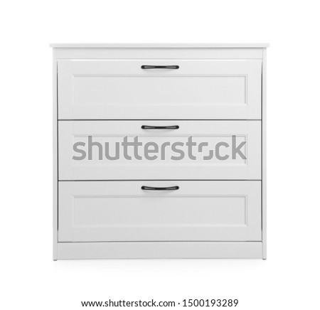 Modern wooden chest of drawers on white background Royalty-Free Stock Photo #1500193289