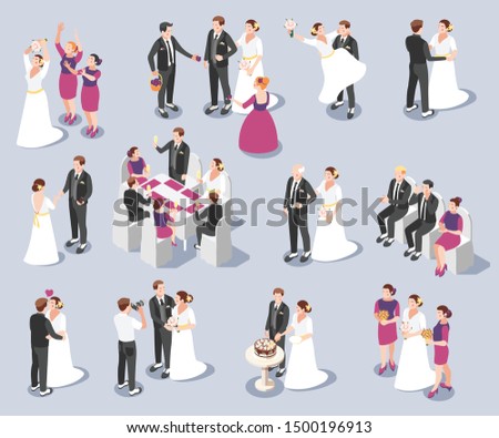 Wedding ceremony memorable moments isometric icons set with vows and rings exchange marriage pronouncement kiss vector illustration  Royalty-Free Stock Photo #1500196913