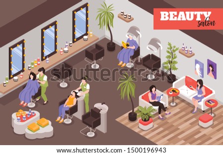 Female beauty salon isometric background with working staff customers sitting in clients chairs or waiting in rest zone of barbershop vector illustration 