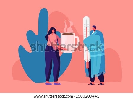 Flu and Sickness Concept with Sick Person Having Cold. Ill Man Wrapped to Warm Plaid Holding Huge Thermometer Woman Giving him Hot Drink. Medicine Disease Illness. Cartoon Flat Vector Illustration Royalty-Free Stock Photo #1500209441