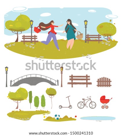 Couple Girl Friends Walking in City Park at Summer Time Creative Set with Cut Out Design Element for Creation Composition. Bridge, Plants, Water, Bench Cartoon Flat Vector Illustration, Clip Art