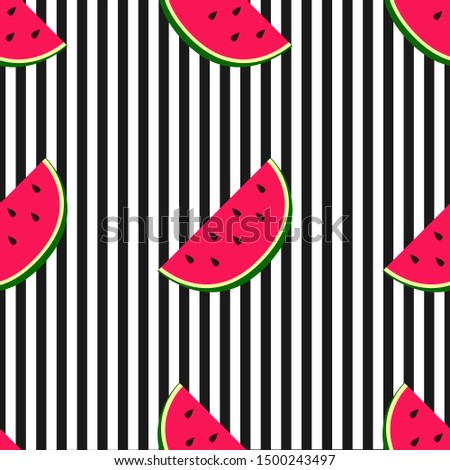 Watermelon on a striped background. Seamless vector pattern. Red, green, white and black