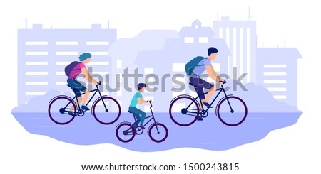 
Dad, mom and kids ride bikes in the background of the city. Happy active family. Cyclings, healthy lifestyle. Eps10 vector flat illustration.