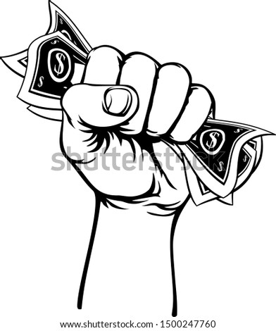 A fist hand holding money in the form of cash paper dollar bills in a vintage intaglio woodcut engraved or retro propaganda style