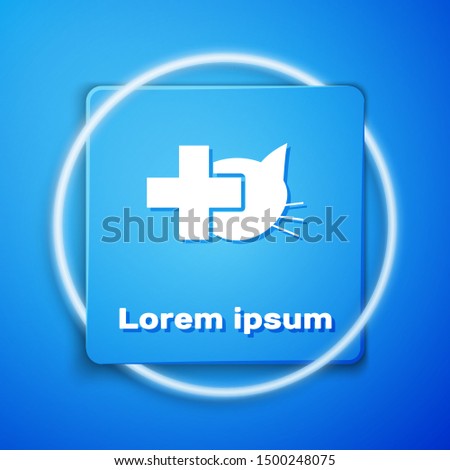 White Veterinary clinic symbol icon isolated on blue background. Cross with cat veterinary care. Pet First Aid sign. Blue square button. Vector Illustration