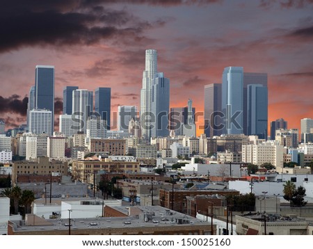 Downtown Los Angeles with sunset sky.