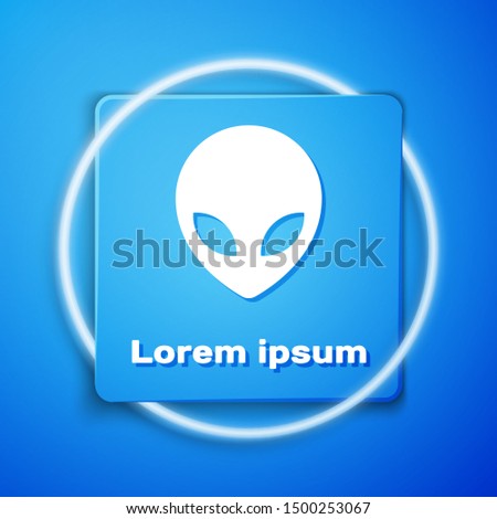 White Alien icon isolated on blue background. Extraterrestrial alien face or head symbol. Blue square button. Vector Illustration