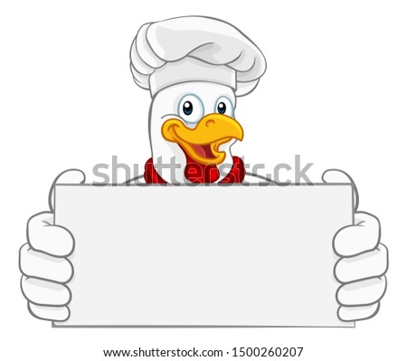 A chef chicken rooster cockerel cartoon character mascot holding a sign