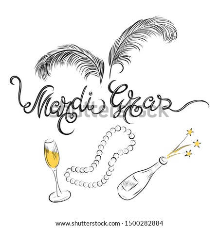 Greeting card with mardi gras, brush drawing, brush drawing for holiday, decor on mardi gras, vector illustration