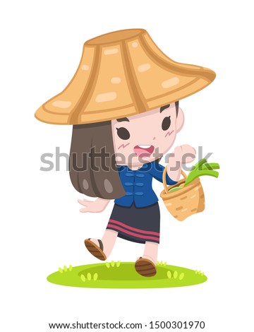 Cute cartoon style Thai farmer woman with basket of harvested vegetables walking relaxedly illustration Royalty-Free Stock Photo #1500301970