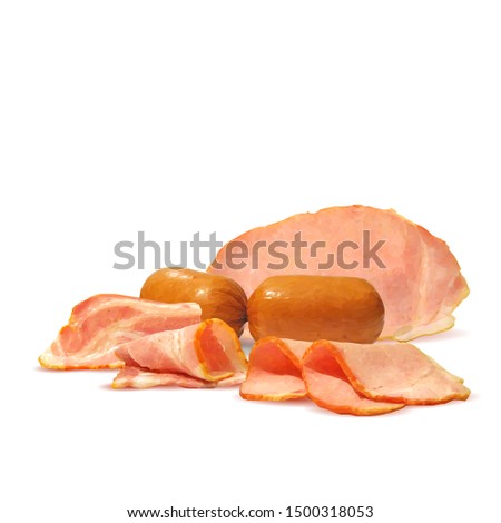 Sausage and  bacon low poly. Fresh, nutritious, tasty salami and  bacon. Vector illustration. Sausage and  bacon in triangulation technique.